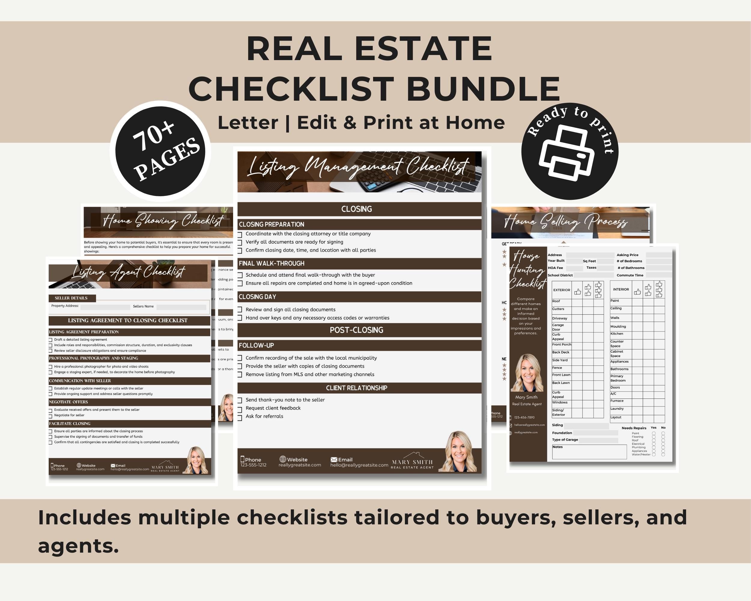 Real Estate Checklist Bundle with editable templates for agents, buyers, and sellers, featuring over 70 pages of printable resources