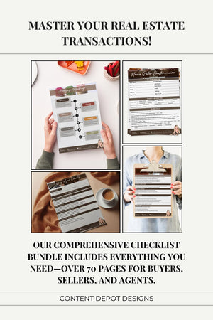 Comprehensive real estate agent resources with editable checklists for managing home sales, buying processes, and client relationships.