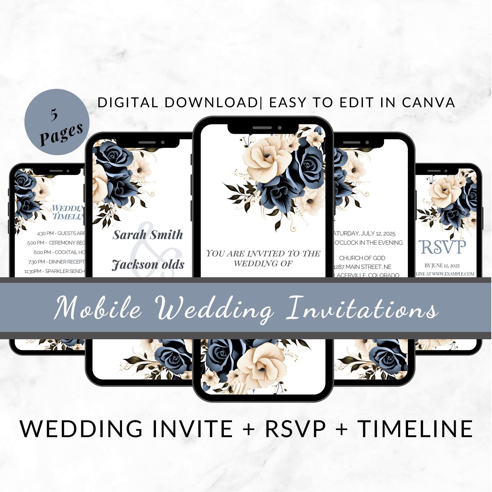 Navy and cream mobile wedding invitation template displayed on a smartphone screen.