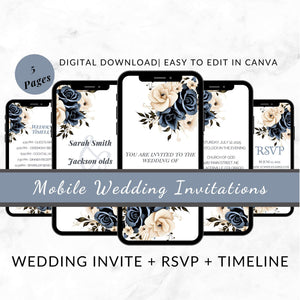 Navy and cream mobile wedding invitation template displayed on a smartphone screen.