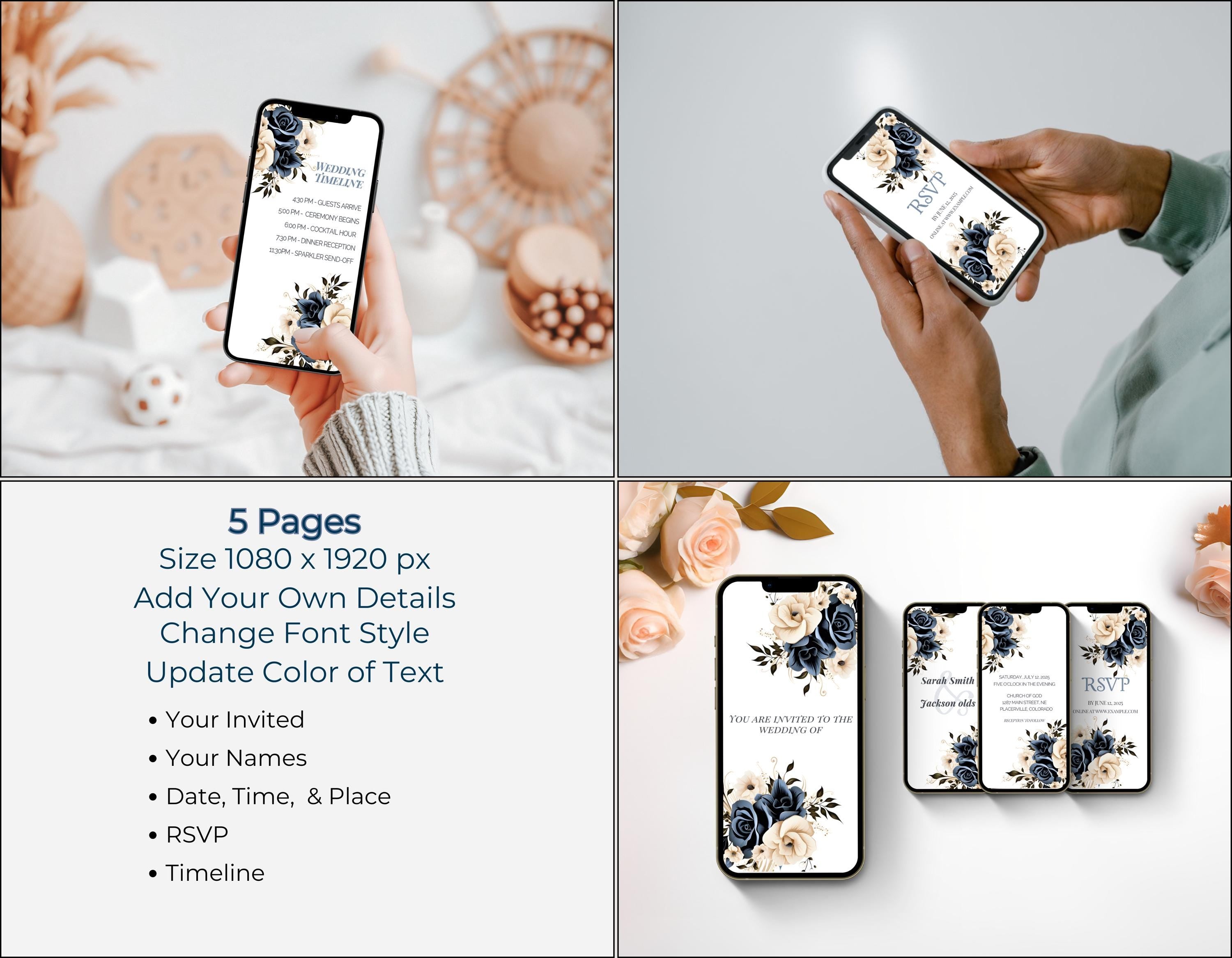 Navy Wedding Invitations - Elegant Canva Wedding Suite | Digital RSVP & MP4 Invitation Set