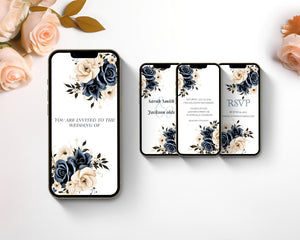 Modern navy and cream digital wedding invitation set for text or social media sharing.