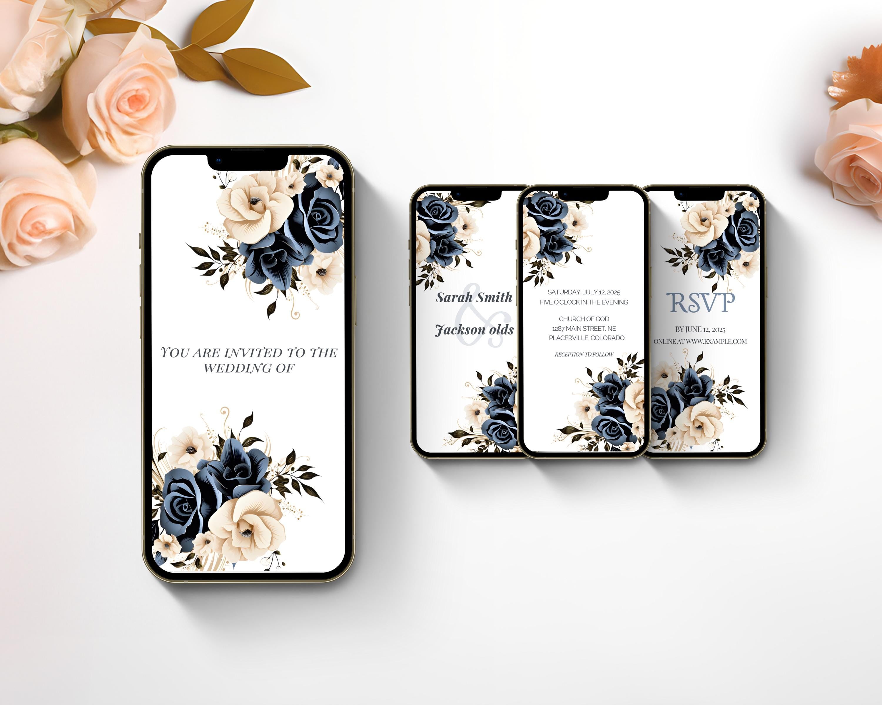 Modern navy and cream digital wedding invitation set for text or social media sharing.