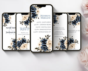 Digital wedding invitation set featuring navy and cream designs for mobile sharing.