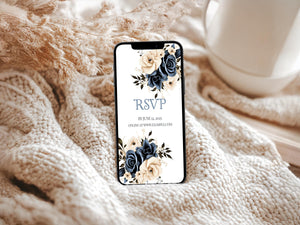 Customizable navy and cream wedding stationery templates for Canva users.