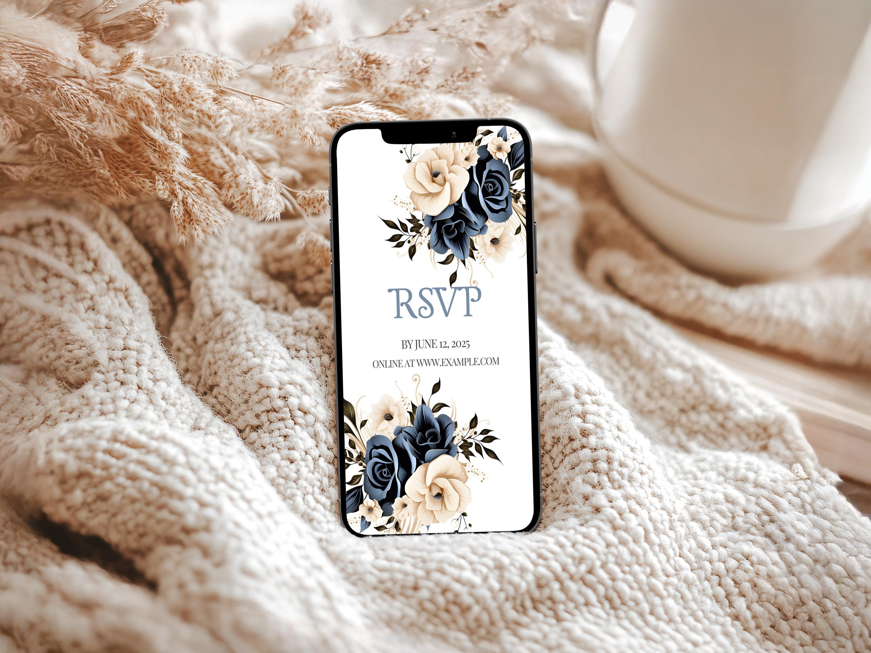 Customizable navy and cream wedding stationery templates for Canva users.