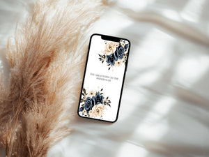 Editable Canva wedding invitation with RSVP and timeline in navy and cream colors.