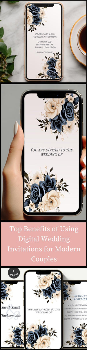 Navy and cream customizable wedding invitation set displayed with RSVP and timeline templates for mobile sharing.
