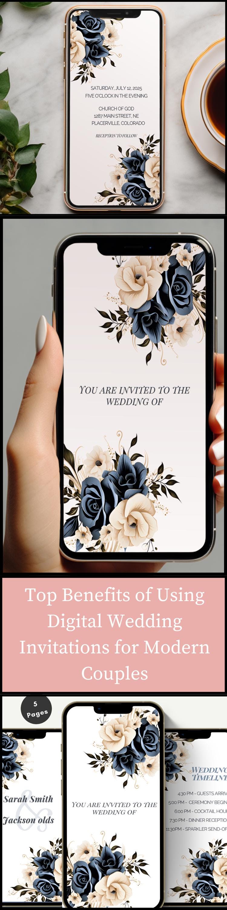 Navy and cream customizable wedding invitation set displayed with RSVP and timeline templates for mobile sharing.
