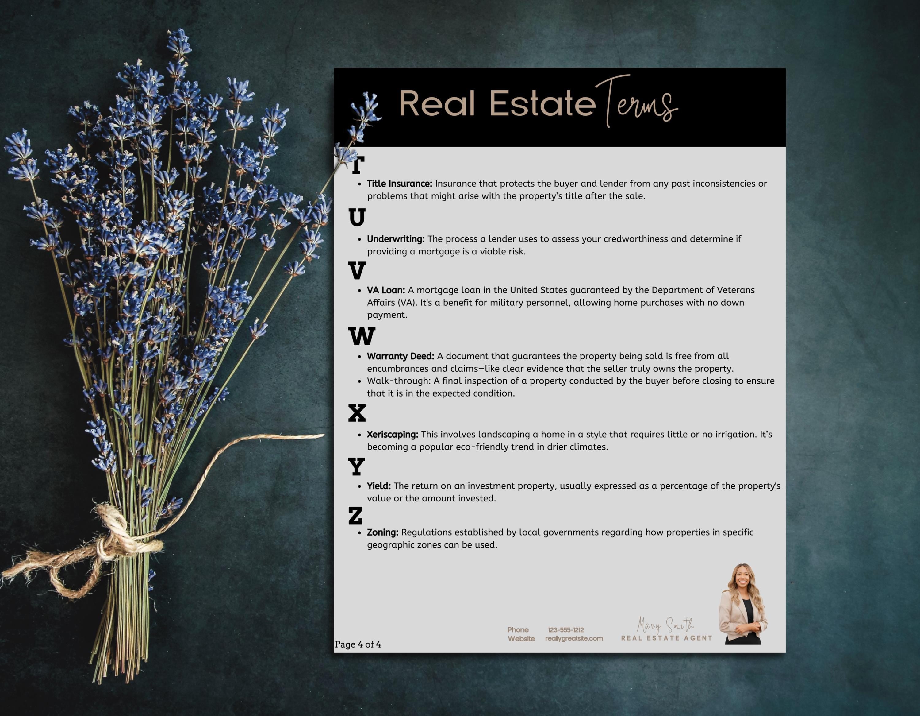 Printable real estate vocabulary guide with clear, client-friendly explanations of industry terms.