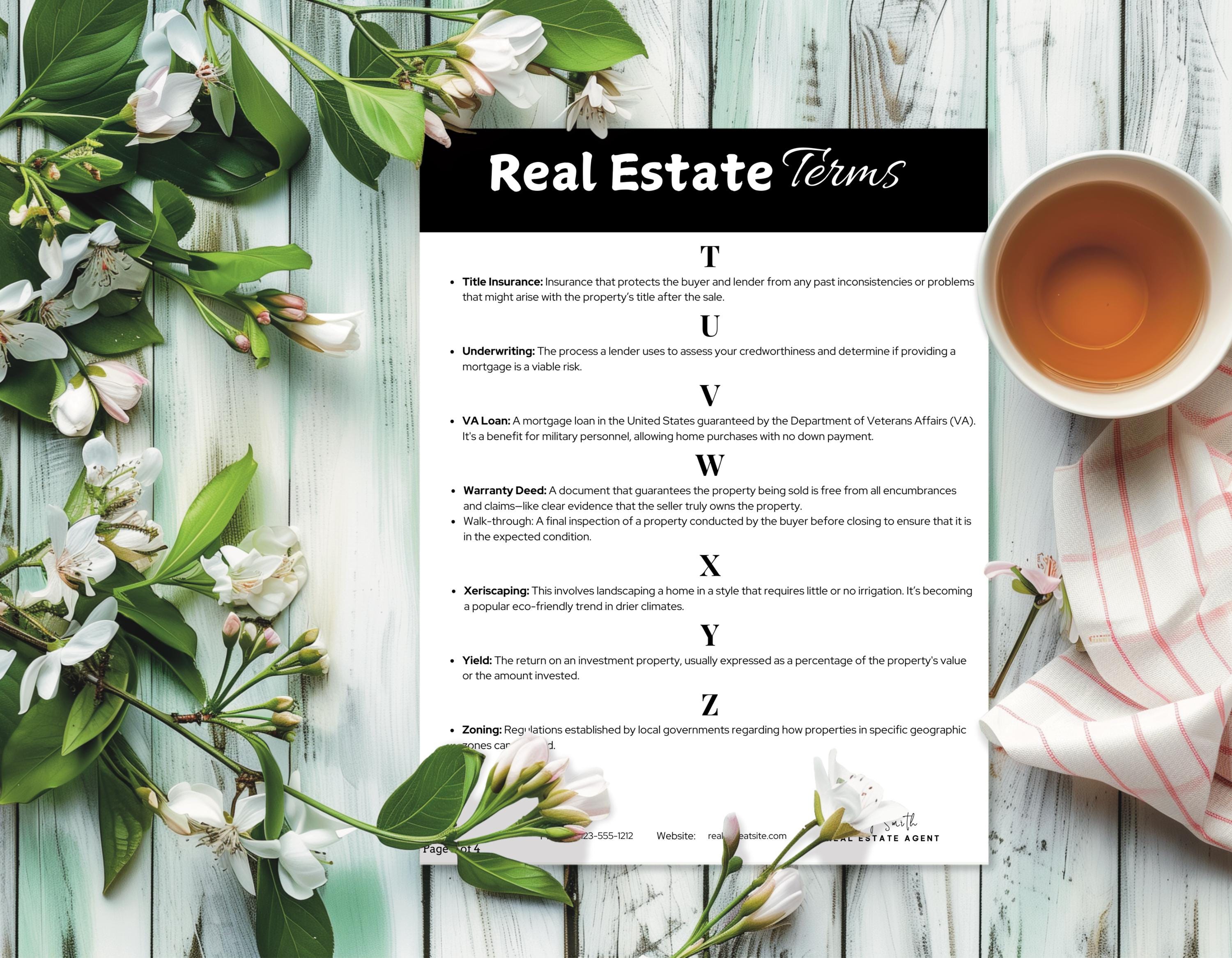Digital download of a real estate glossary, perfect for agents to use as a client handout or consultation tool.