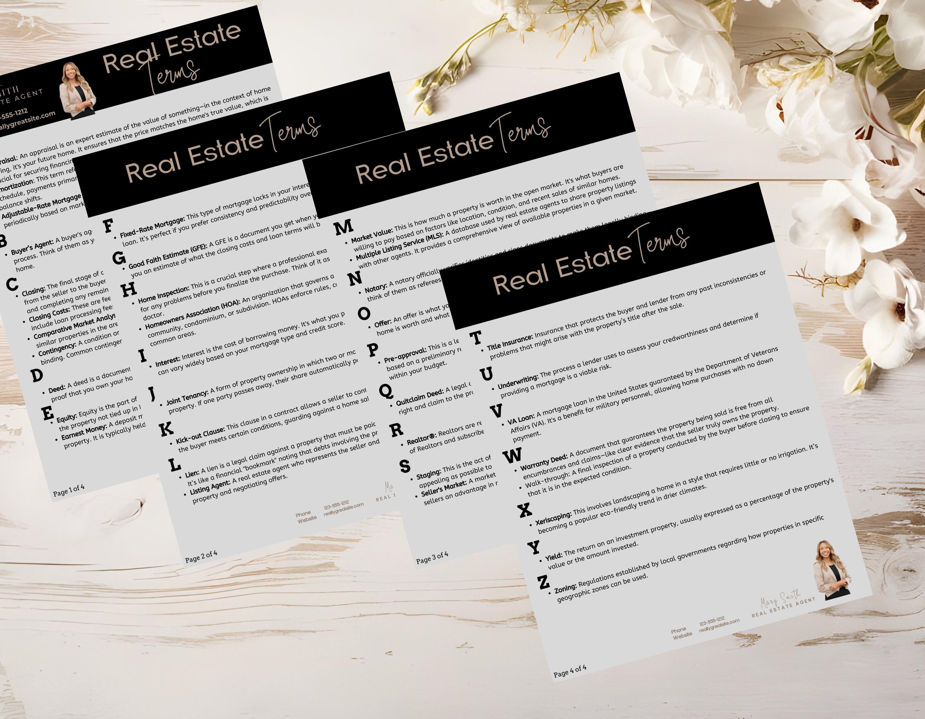 Real estate agent-branded glossary to help clients navigate the home buying and selling process.