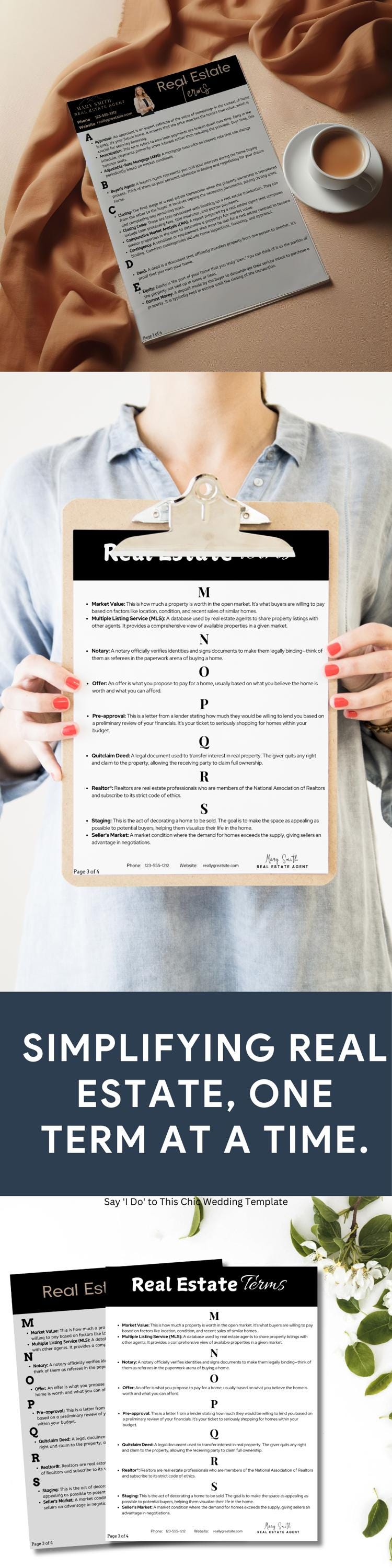 Well-designed real estate vocabulary resource with essential terms like appraisal, escrow, and mortgage.