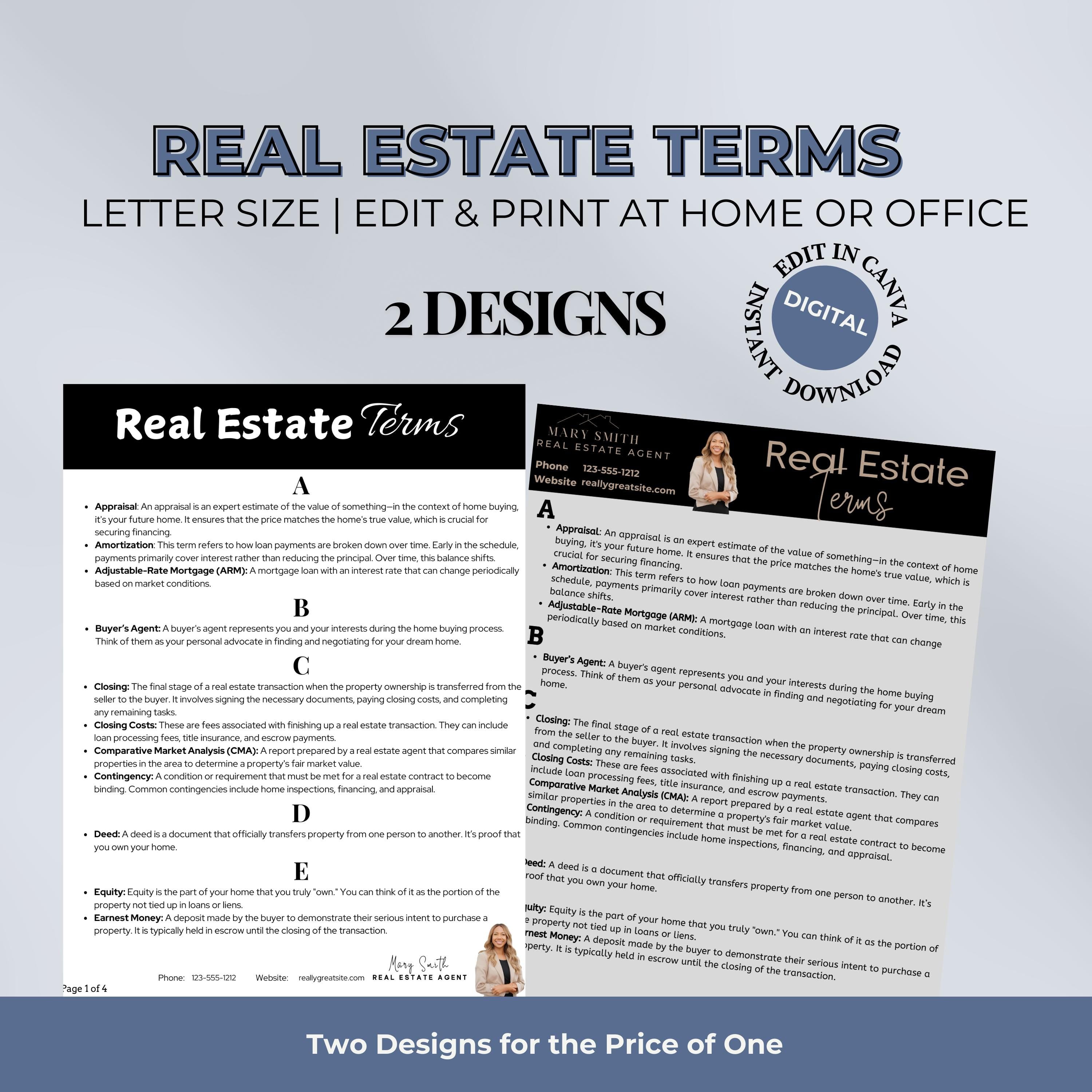 A digital real estate glossary with A-to-Z terms, designed for agents to share with clients for better understanding.