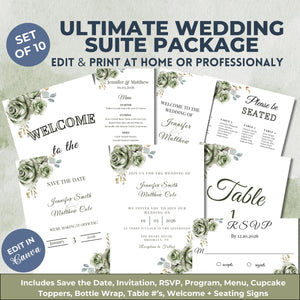 Sage green wedding invitation suite displayed on a table, featuring an elegant and modern design.