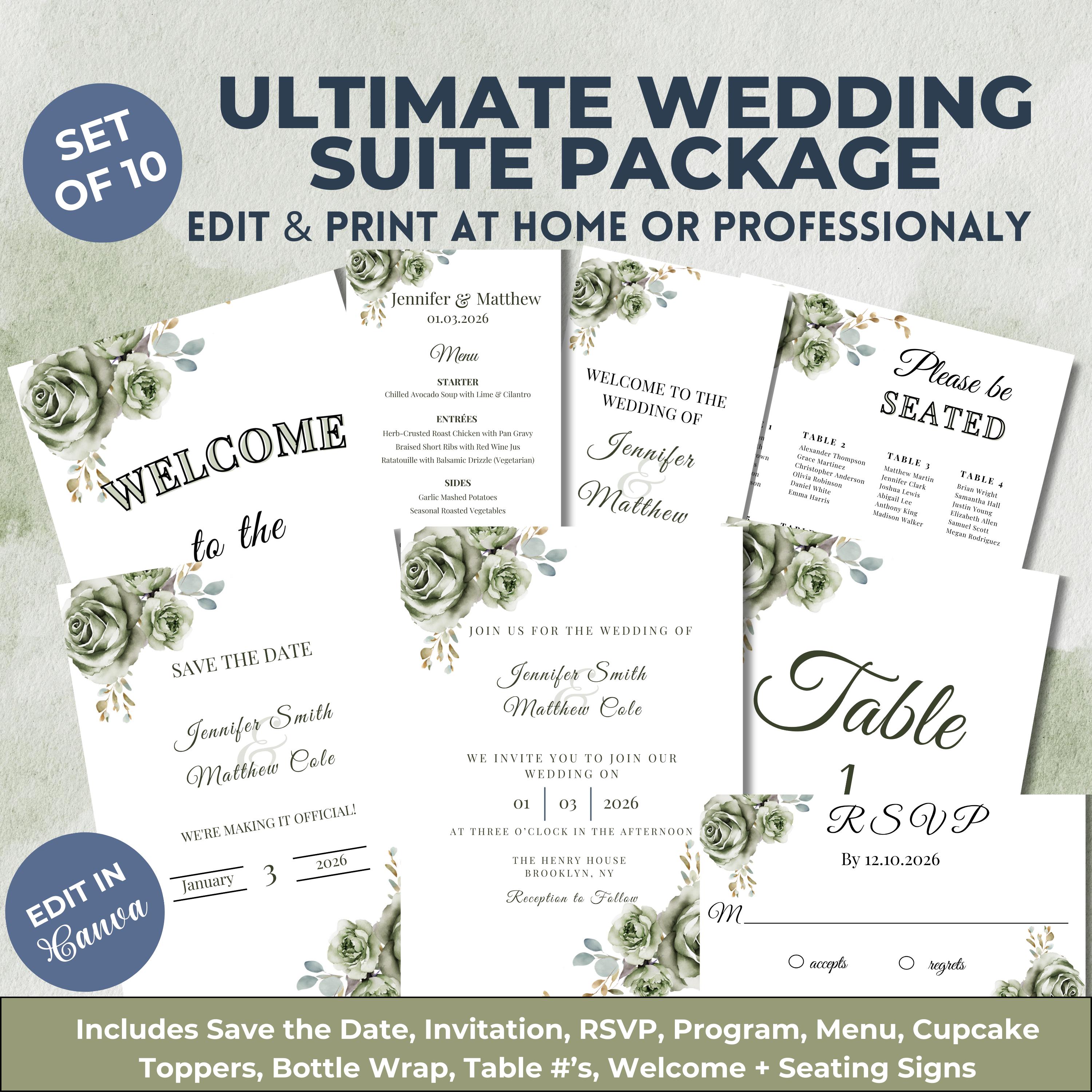 Sage green wedding invitation suite displayed on a table, featuring an elegant and modern design.