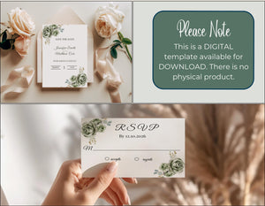 Image highlighting features and benefits of the wedding suite template: editable in Canva, elegant design, complete stationery set, and instant digital download.