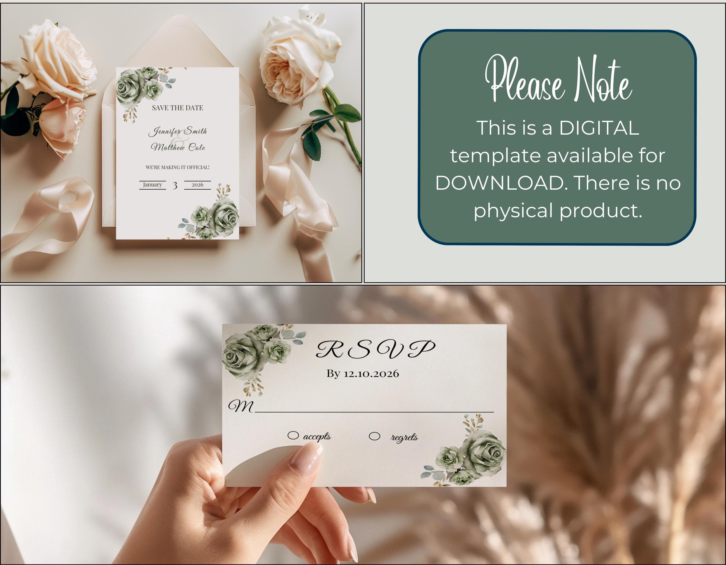 Image highlighting features and benefits of the wedding suite template: editable in Canva, elegant design, complete stationery set, and instant digital download.