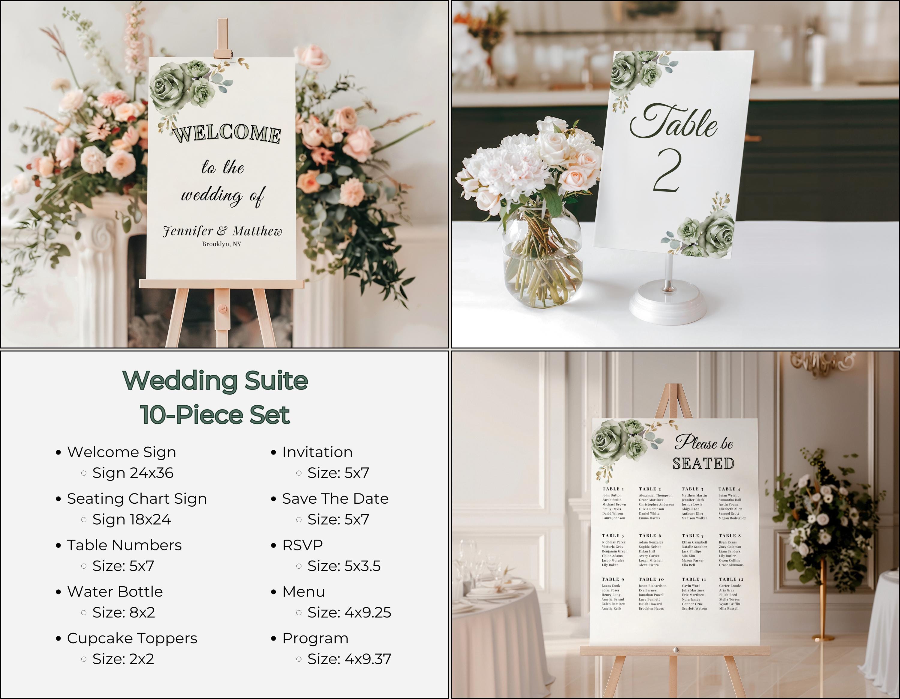 Complete sage green wedding invitation set including invitations, RSVP cards, and additional stationery.