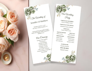 Customizable program card template with sage green accents, designed to match the wedding stationery suite.
