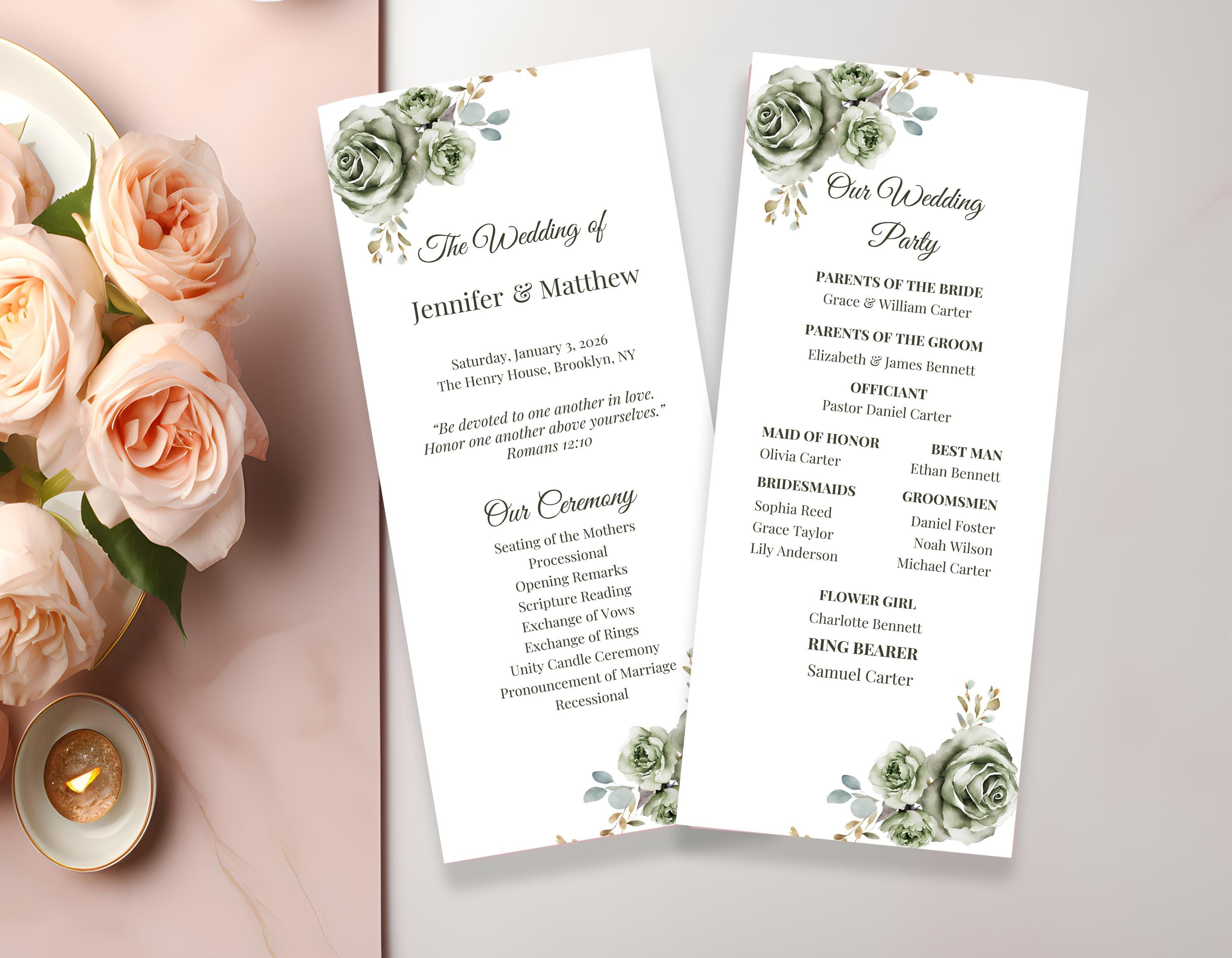 Customizable program card template with sage green accents, designed to match the wedding stationery suite.