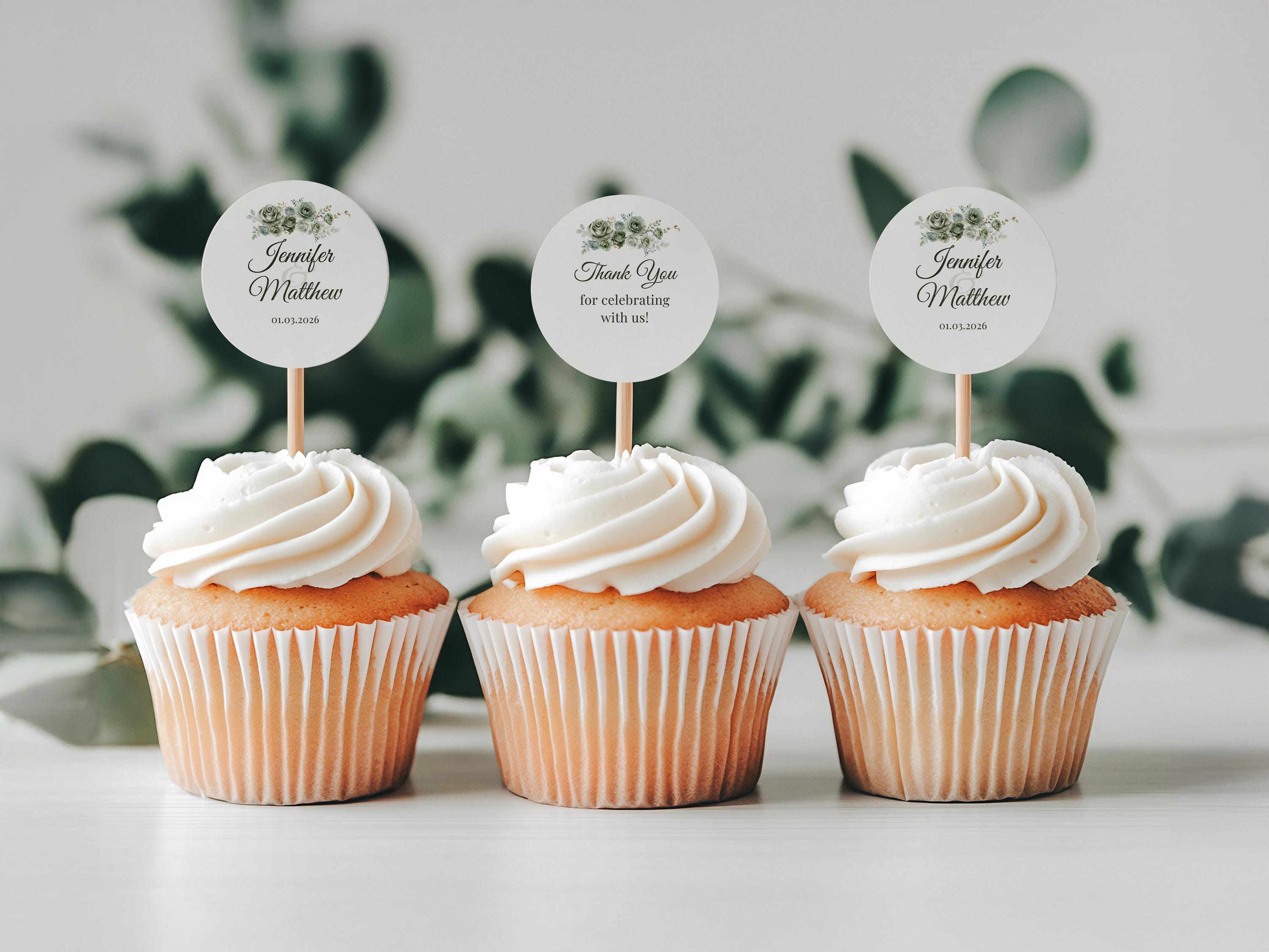 Sage green cupcake toppers from the Canva wedding stationery set.