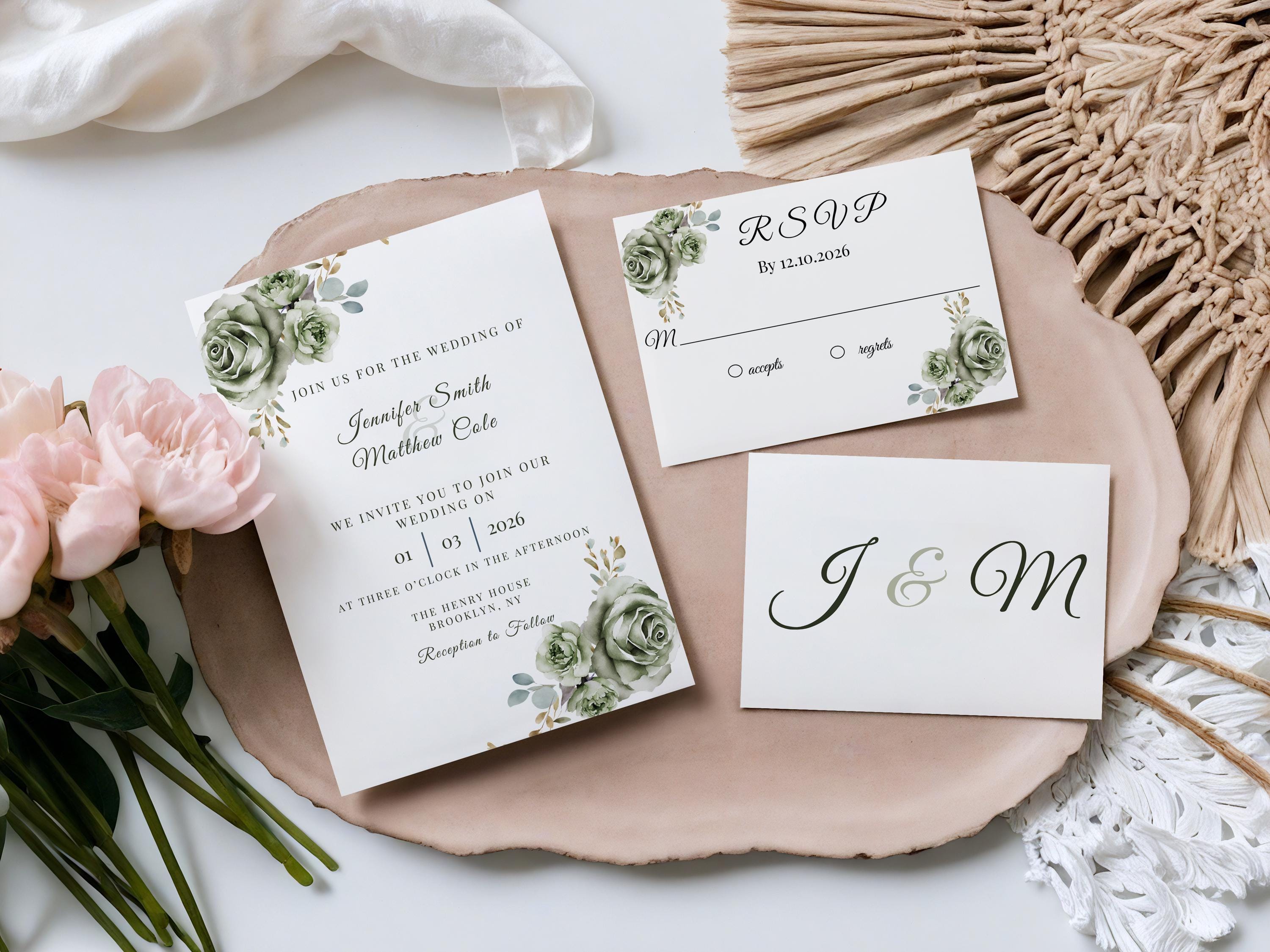 Editable wedding invitation template in Canva, customized with names, dates, and a sage green color scheme.
