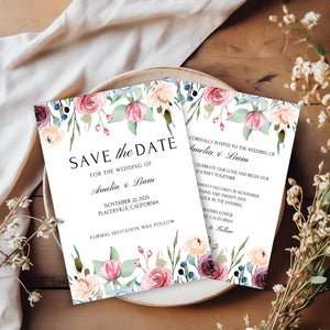 Blush floral Save the Date template with elegant, romantic details, perfect for DIY wedding stationery.