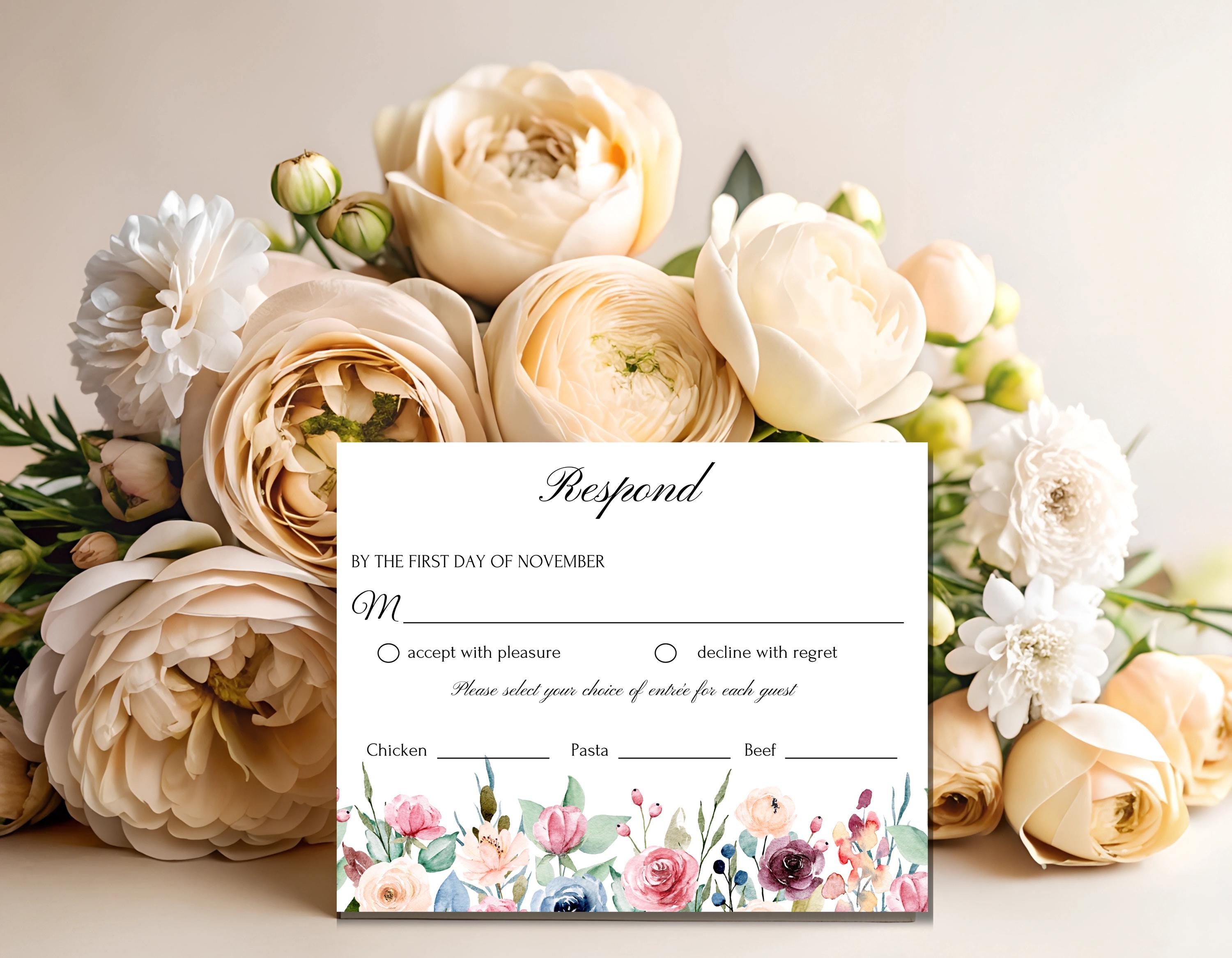 Editable RSVP card from the blush floral wedding suite, featuring soft pastel tones and customizable text.