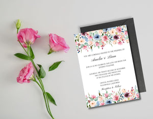 Printed blush floral wedding stationery styled with elegant wedding decor, perfect for DIY brides