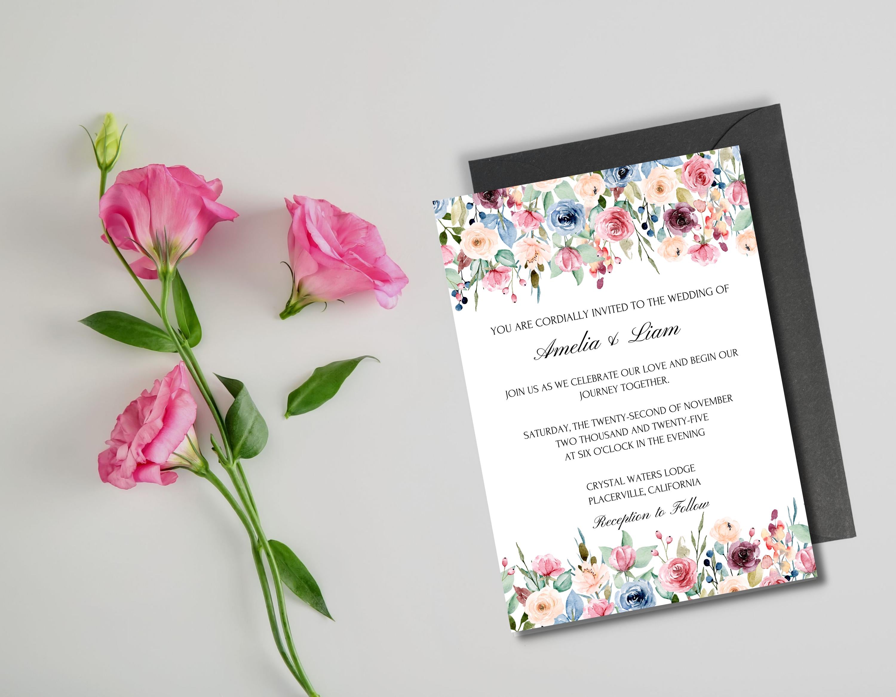 Printed blush floral wedding stationery styled with elegant wedding decor, perfect for DIY brides