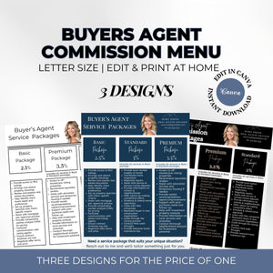 Buyer's Agent Commission Menu: A visually appealing graphic displaying three different design templates for buyer's agent service packages, including basic, standard, and premium options with commission rates.