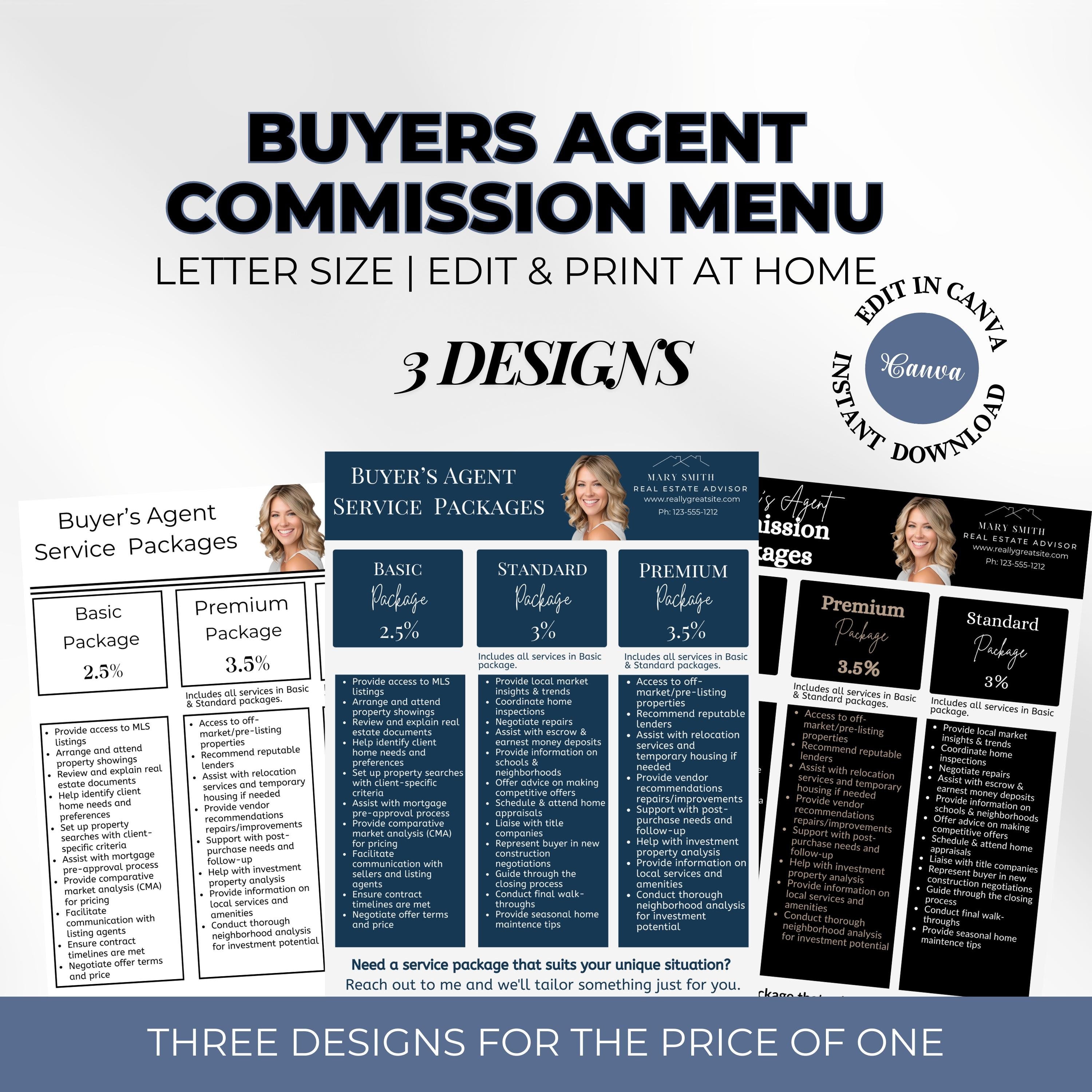 Buyer's Agent Commission Menu: A visually appealing graphic displaying three different design templates for buyer's agent service packages, including basic, standard, and premium options with commission rates.