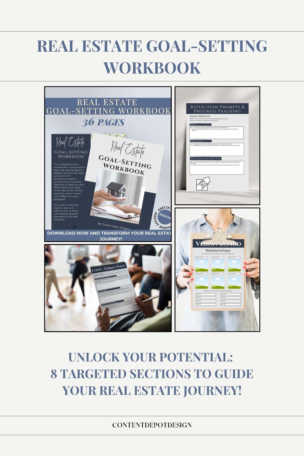 Comprehensive real estate workbook designed for agents, featuring vision planning, goal-setting, and editable templates in Canva.