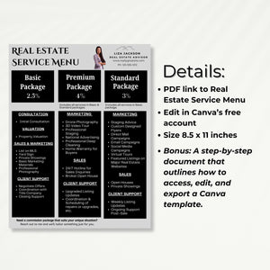 Real Estate Service Menu displaying three packages: Basic, Premium, and Standard. Each package includes various services like consultation, marketing, and client support.