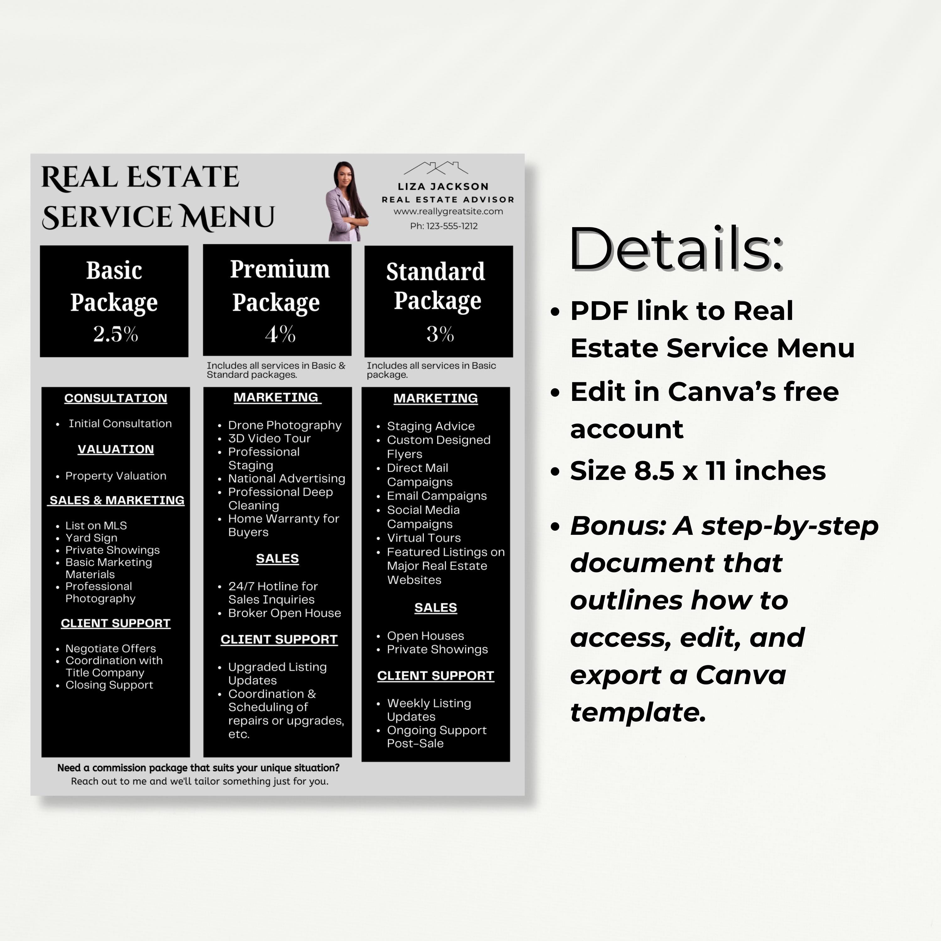 Real Estate Service Menu displaying three packages: Basic, Premium, and Standard. Each package includes various services like consultation, marketing, and client support.