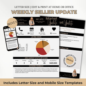 Real estate seller update template editable in Canva for weekly market updates and client reports.