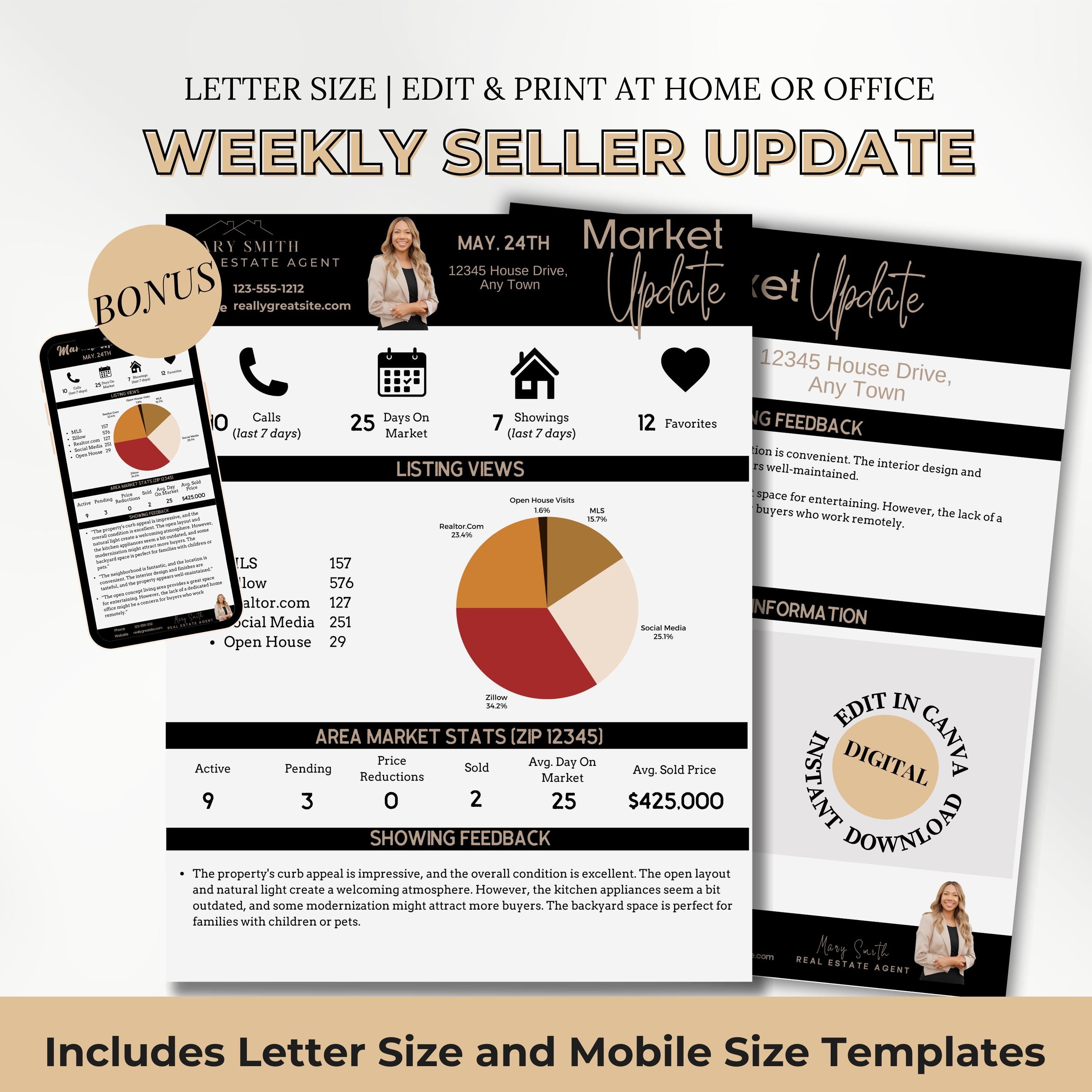 Real estate seller update template editable in Canva for weekly market updates and client reports.