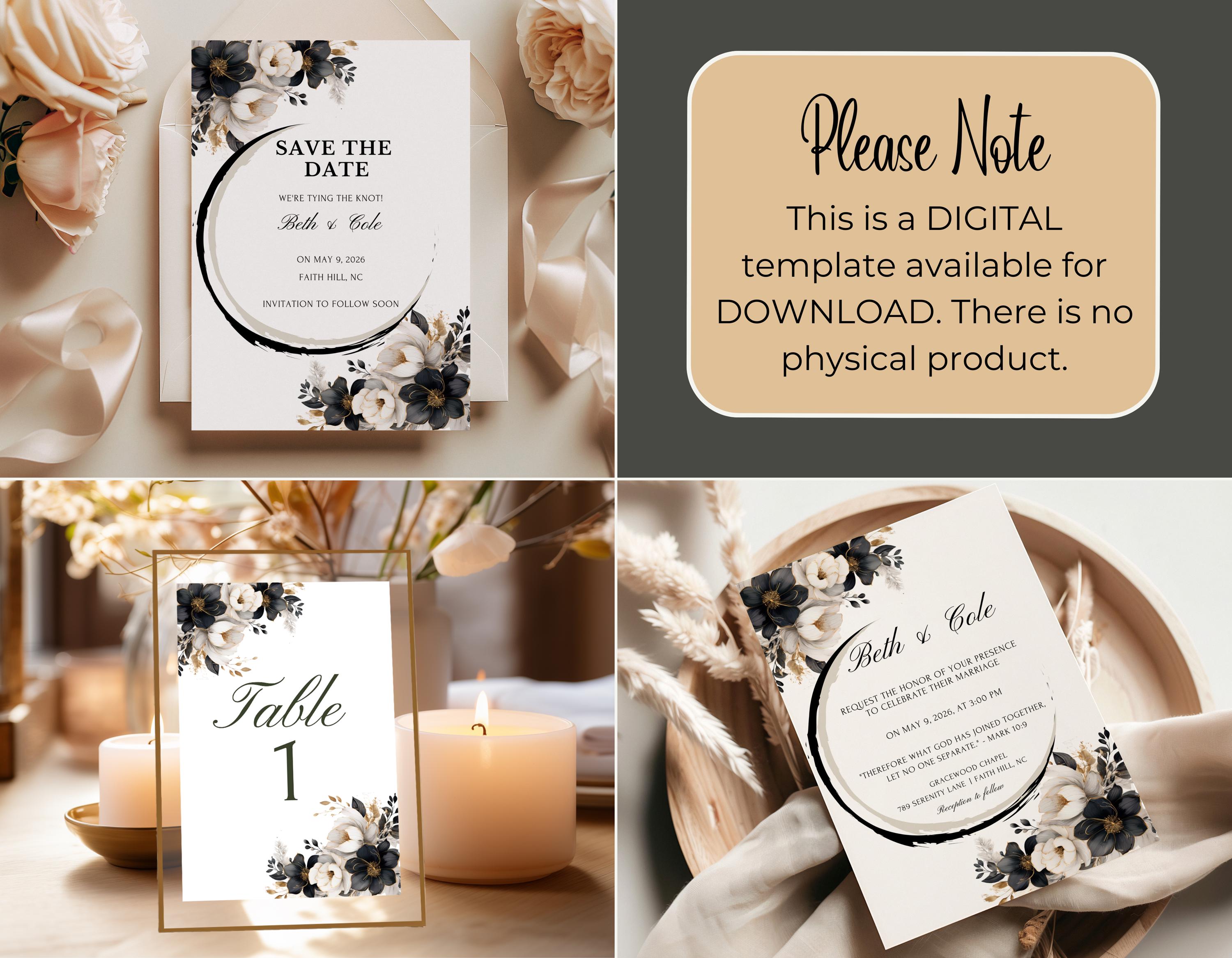 Gothic Floral Wedding Suite Digital Download - Customizable Black & Cream Invitations | DIY Dark Romantic Wedding Stationery Set