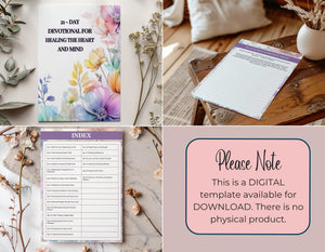 Faith-Based Healing Devotional, showing a daily scripture, guided reflection prompt, and space for personal notes in a clean design.