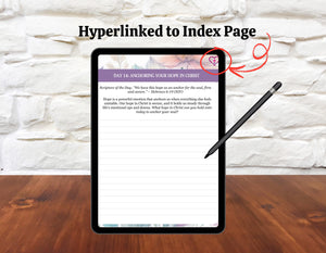 Faith-Based Healing Devotional on a tablet, emphasizing its digital format and compatibility with Adobe, Goodnotes, and Noteshelf.