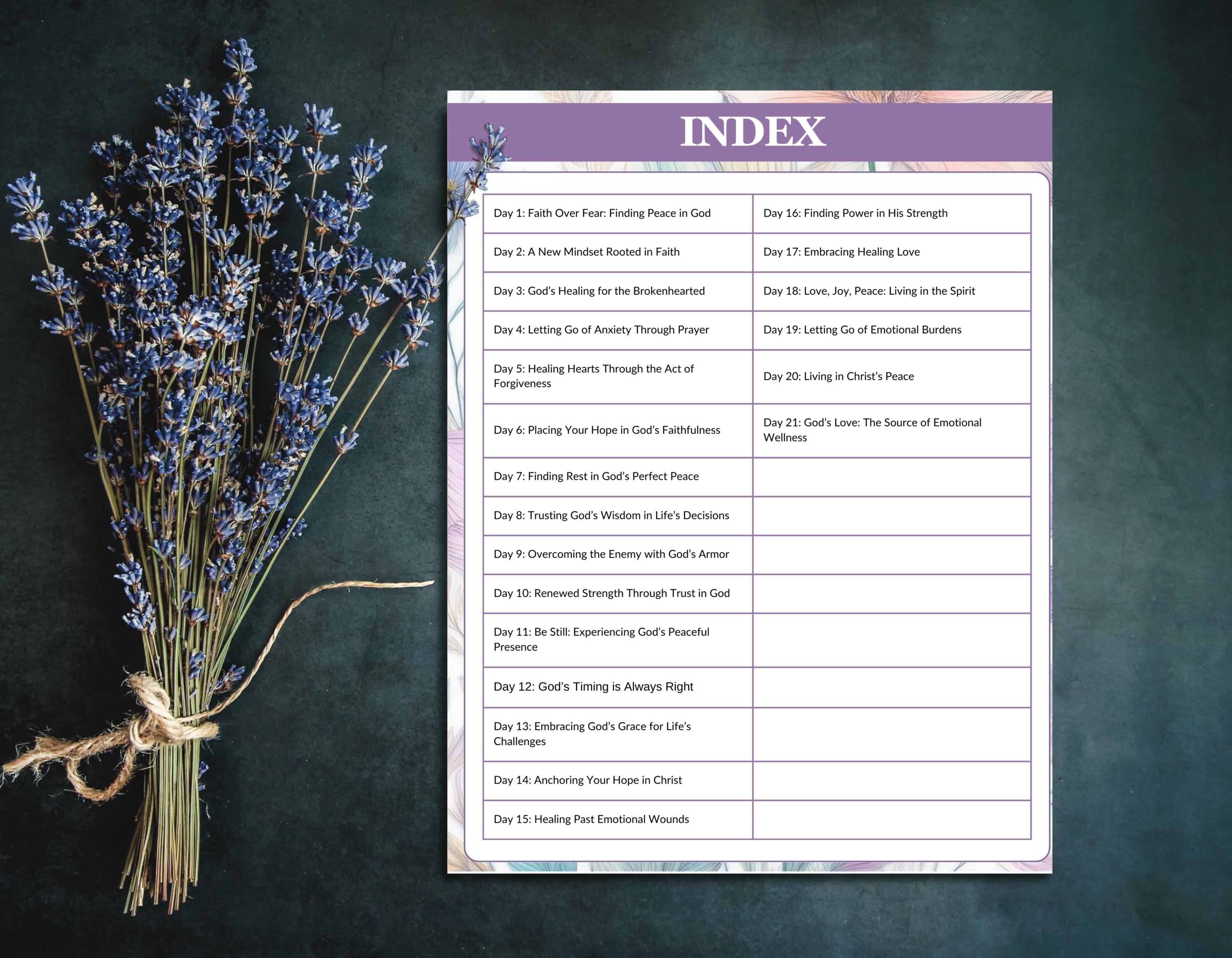 Overview page of the 21-day guided devotional, highlighting daily Bible verses, reflections, and prayer prompts for spiritual and healing growth.