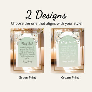 Fun bridal shower ring hunt game with a green floral theme.