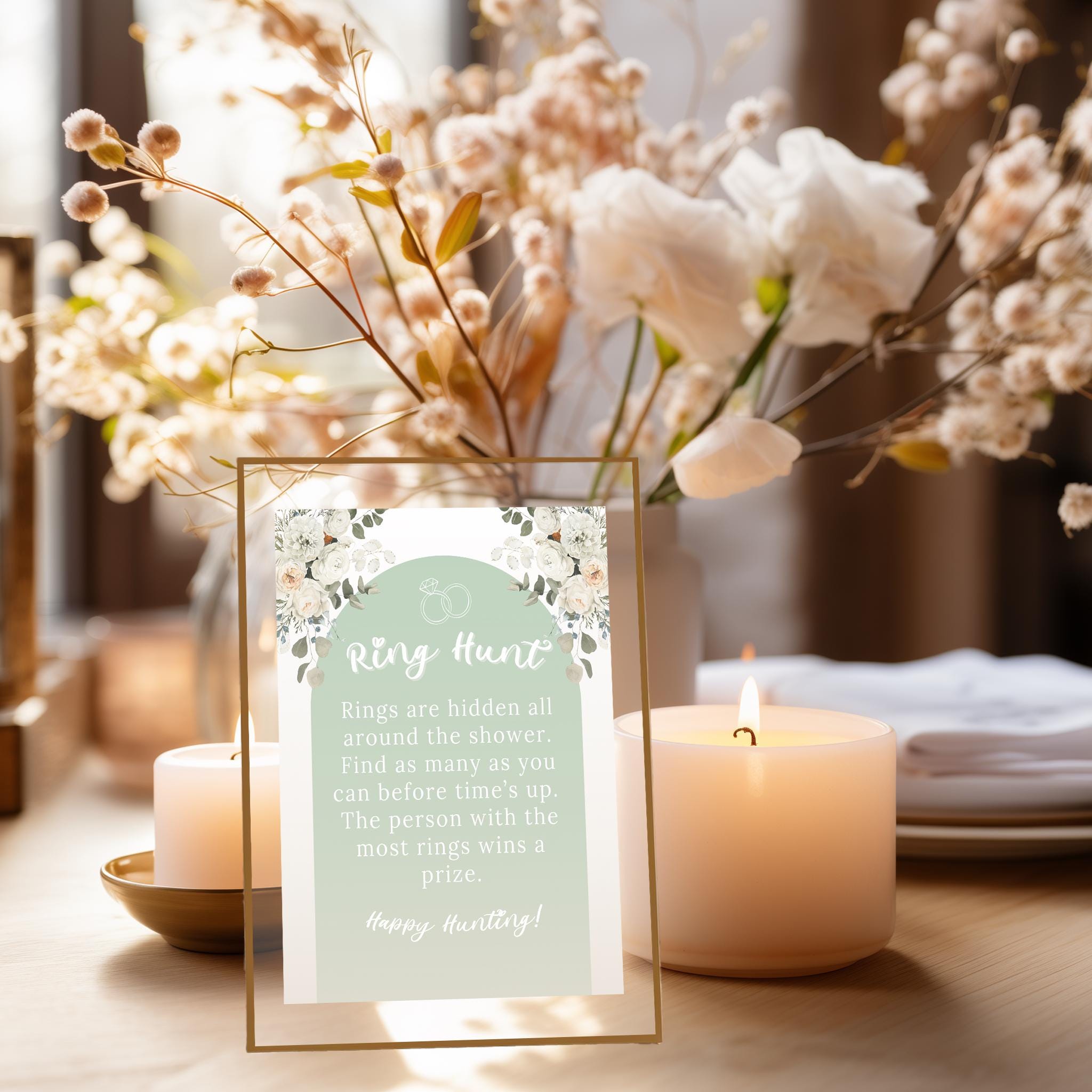 Printable bridal shower game with elegant green floral design and fun ring hunt activity for digital download.