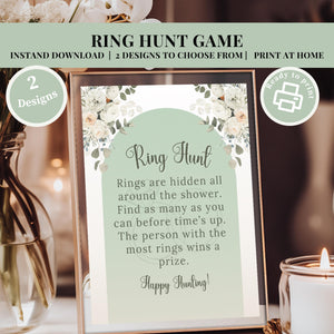 Elegant green floral bridal shower game printable with ring hunt activity.