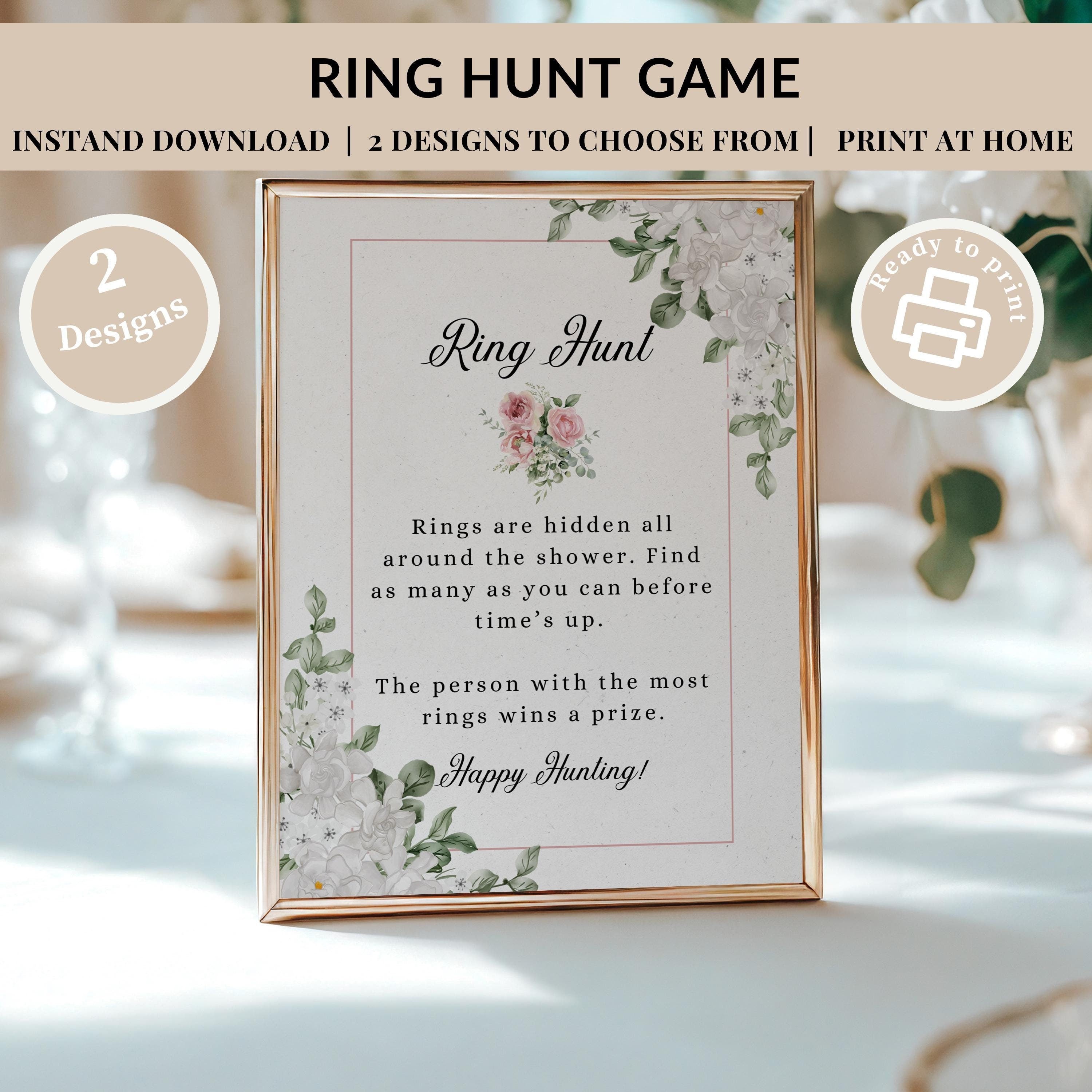 Printable bridal shower ring hunt game with elegant floral design.
