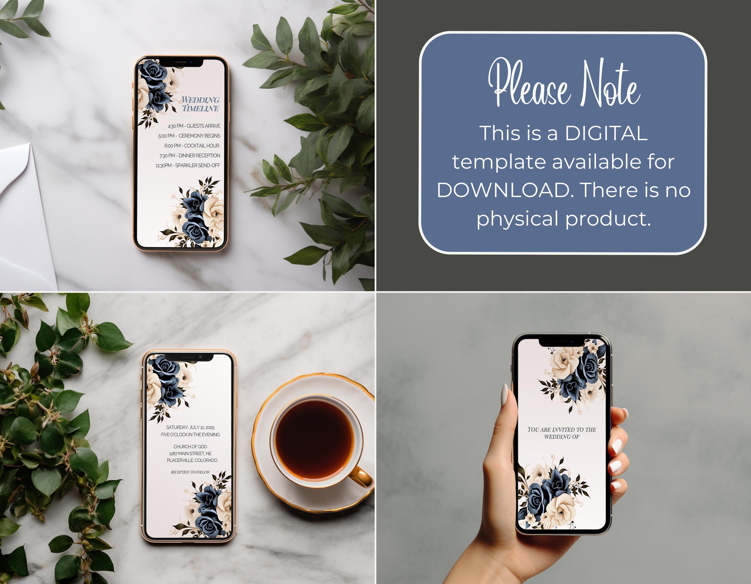 Elegant digital wedding invitation design in navy and cream tones, perfect for text or social media sharing.