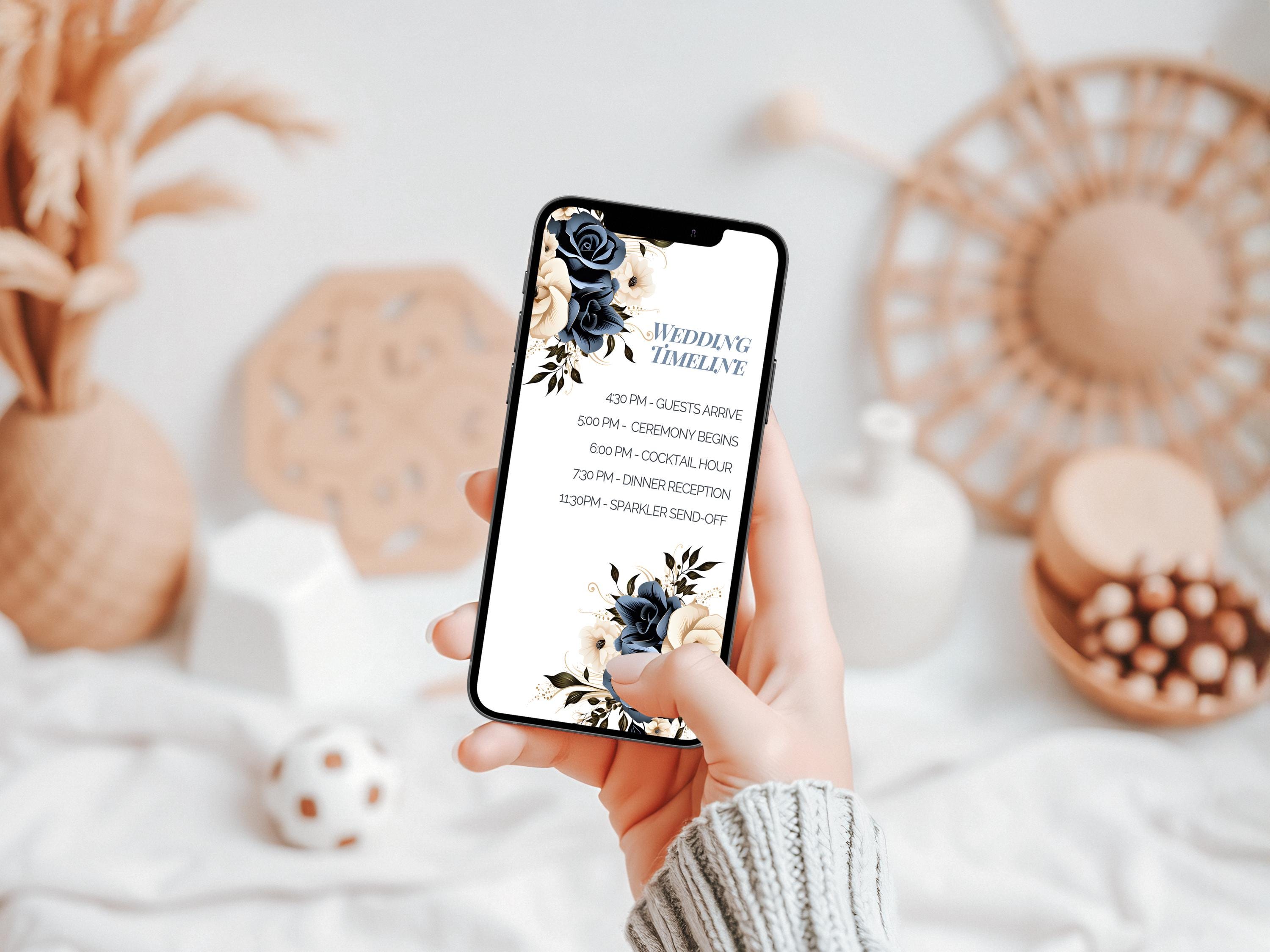 Elegant navy and cream wedding invite and RSVP timeline shown on a mobile device.
