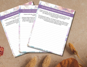 daily guided reflection entry in the Faith-Based Healing Devotional, featuring scripture and personal notes section.