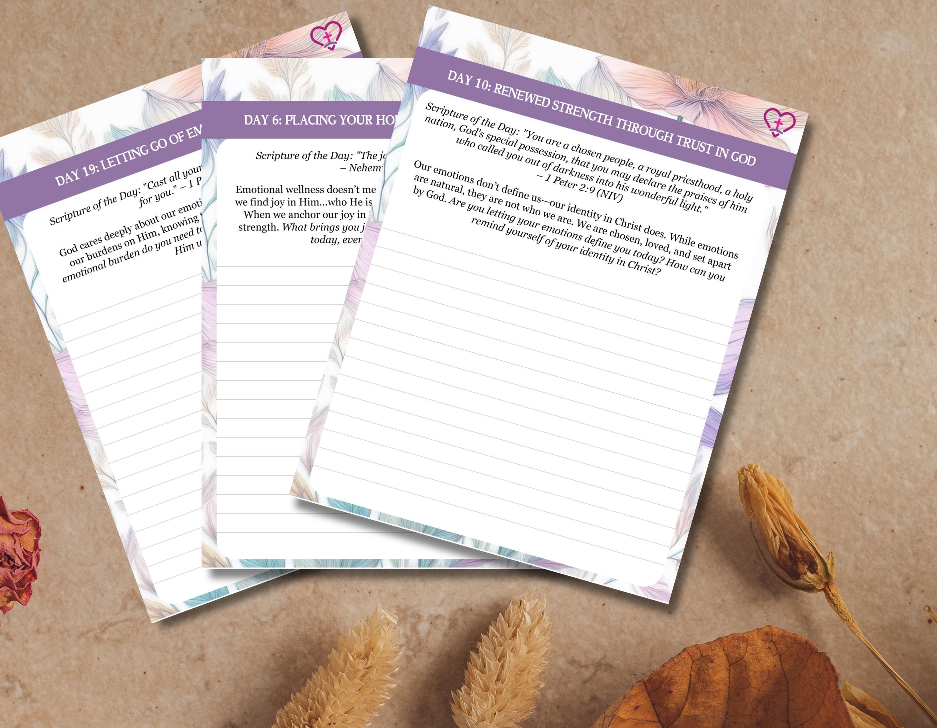 daily guided reflection entry in the Faith-Based Healing Devotional, featuring scripture and personal notes section.